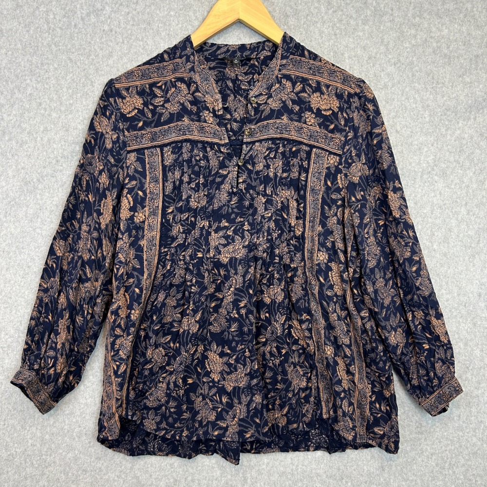 Lucky Brand Blouse Navy Floral Pleated Back Top Boho Peasant Indie Size Small